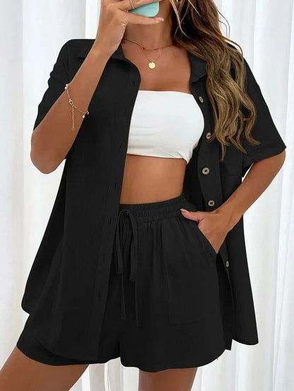 Fashionable Women’s 2-Piece Set – Single-Breasted Top & Wide Shorts