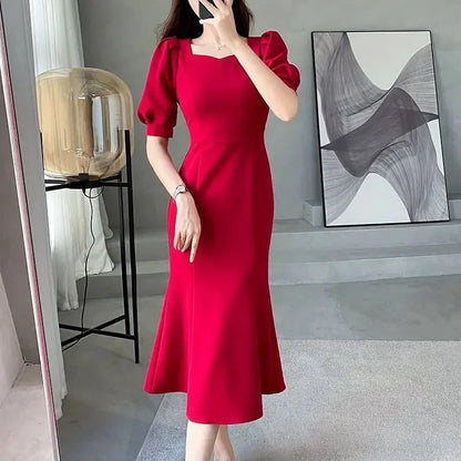 Chic Women’s Ball Gown – Square Collar Puffy Sleeve Fish Tail Dress