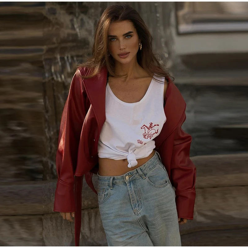 Short Faux Leather Jacket – Women’s Pockets Belt Turn-down Collar Coat
