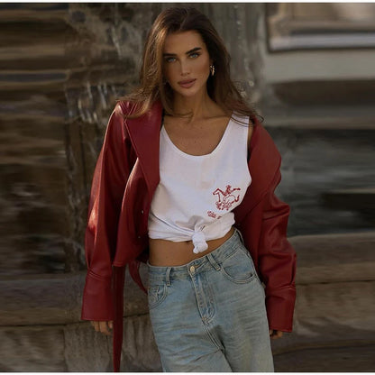 Short Faux Leather Jacket – Women’s Pockets Belt Turn-down Collar Coat