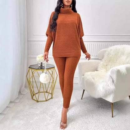 Street Style Two-Piece – High-Neck Top & Slim Knit Pants for Women