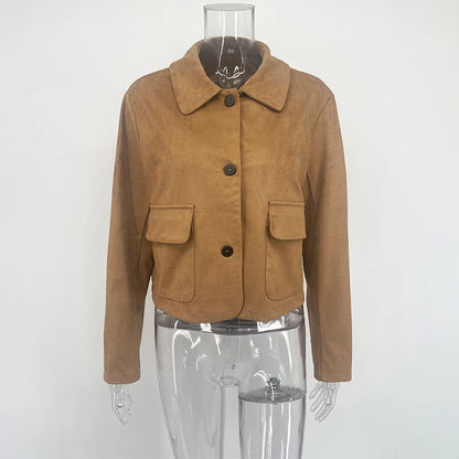 Women’s Casual Suede Jacket – Long Sleeve Solid Lapel Autumn Coat