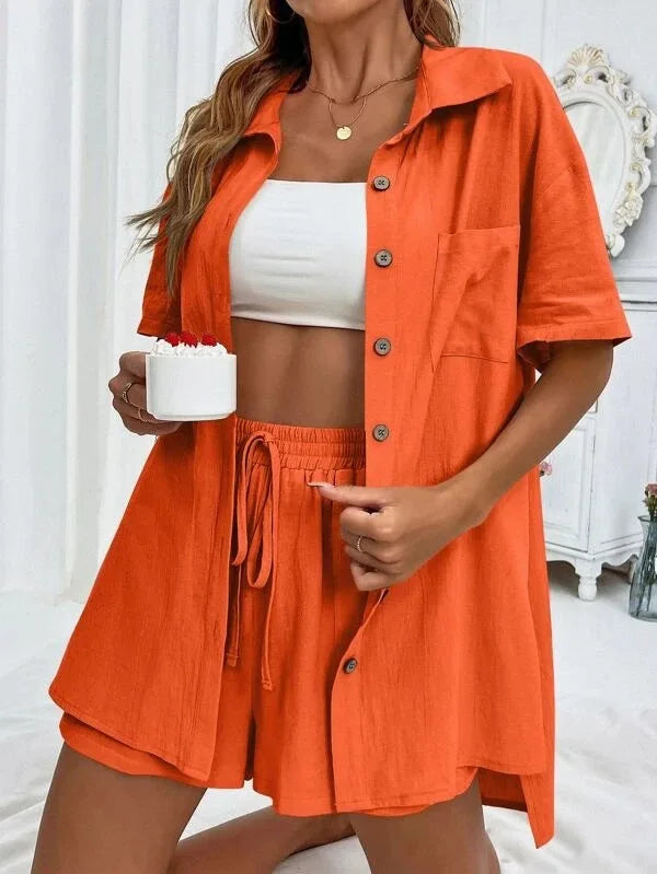 Fashionable Women’s 2-Piece Set – Single-Breasted Top & Wide Shorts