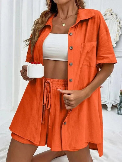 Fashionable Women’s 2-Piece Set – Single-Breasted Top & Wide Shorts