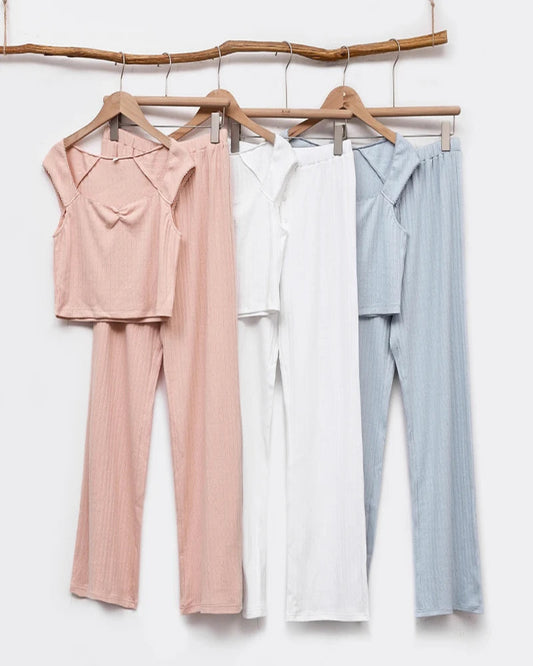 Women’s Fairycore Casual Set – Square Collar Crop Top & Pants