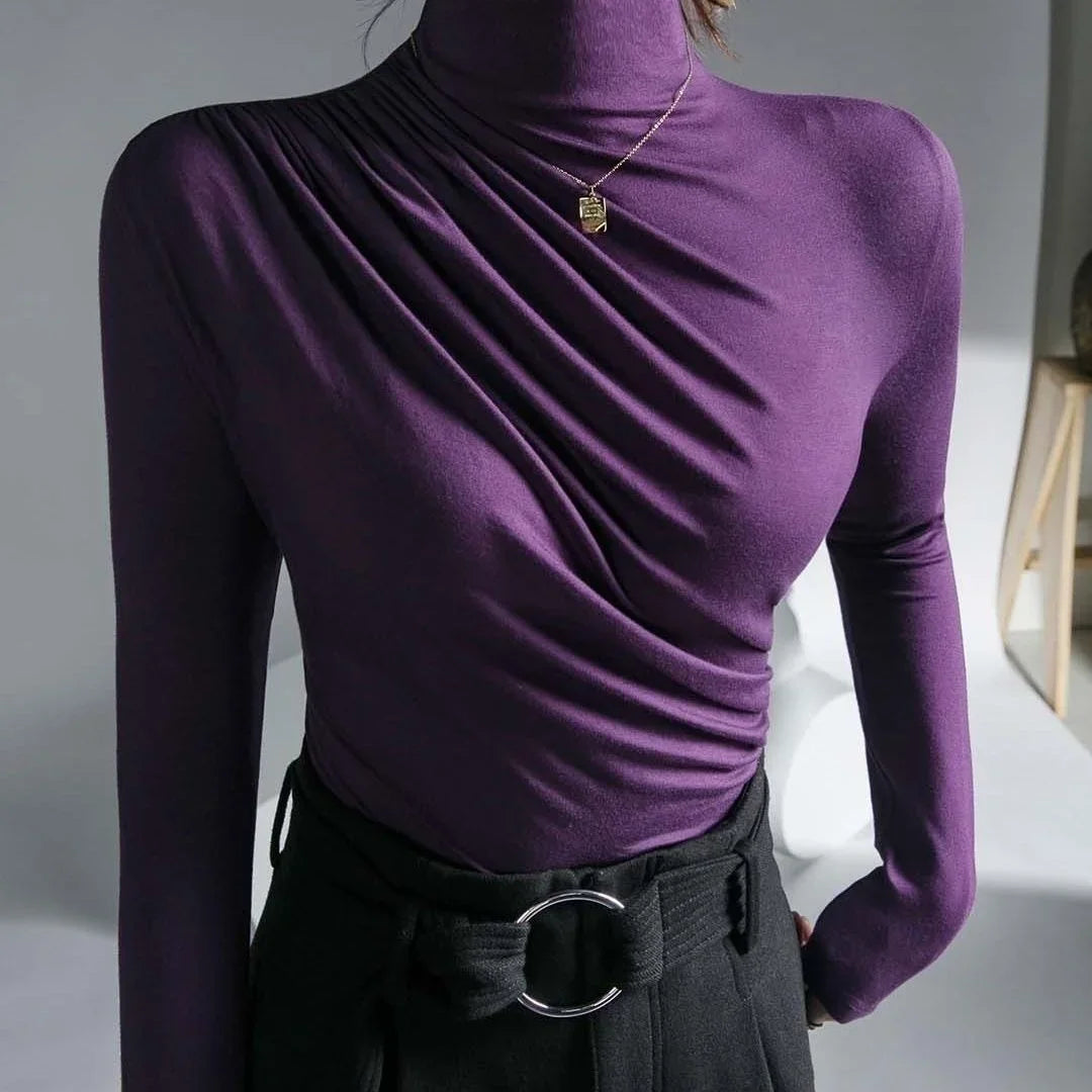 Elegant & Chic – 2023 Pleated High Neck Blouse for Women