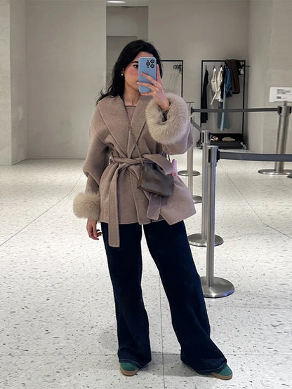 Elegant Woolen Coat – Women’s Full Sleeve Loose Short Coat with Belt