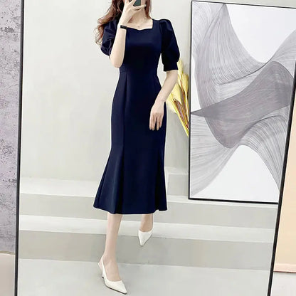 Fashionable Summer Dress – Slim Fit Square Collar Bubble Sleeve
