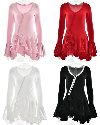Absobe Ruffle Mini Dress - V-Neck A-Line Bodycon with Asymmetrical Buttons