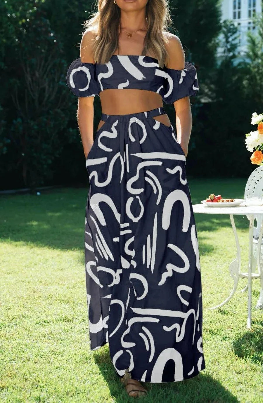 Elegant Women’s Set – Puff Sleeve Top & Hollow Waist Big Hem Dress