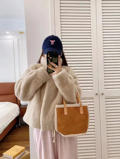 Golden Mink Lined Faux Fur Coat – Short Stand Collar Winter Jacket