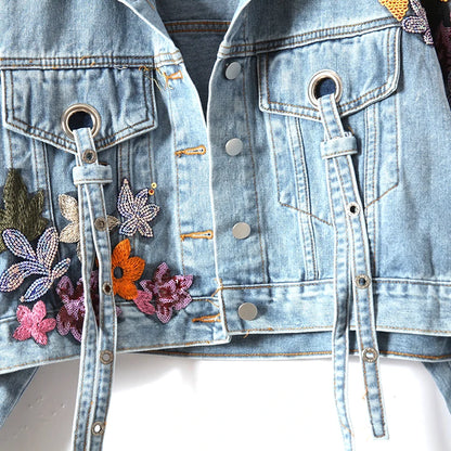 Floral Beaded Denim Jacket – Women’s Cowboy Cardigan Top with Ribbons