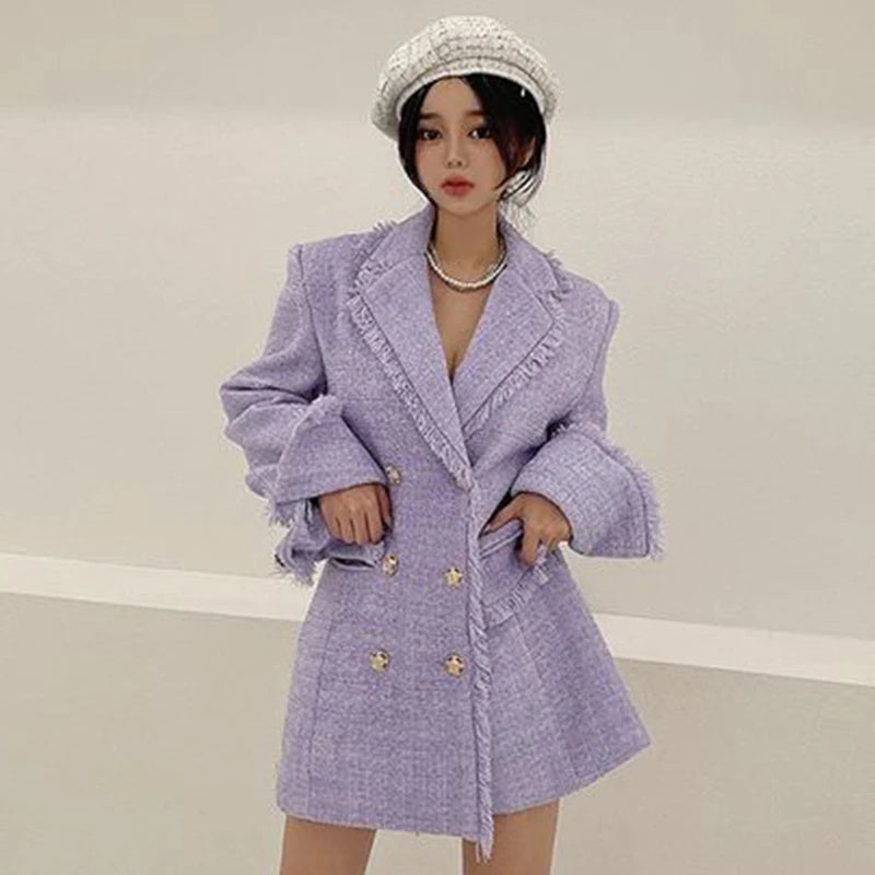 Waist Cinched Wool Coat – Women’s Chic Long Sleeve Double-Breasted Jacke