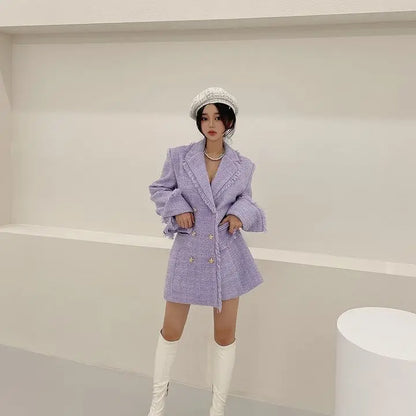 Waist Cinched Wool Coat – Women’s Chic Long Sleeve Double-Breasted Jacke