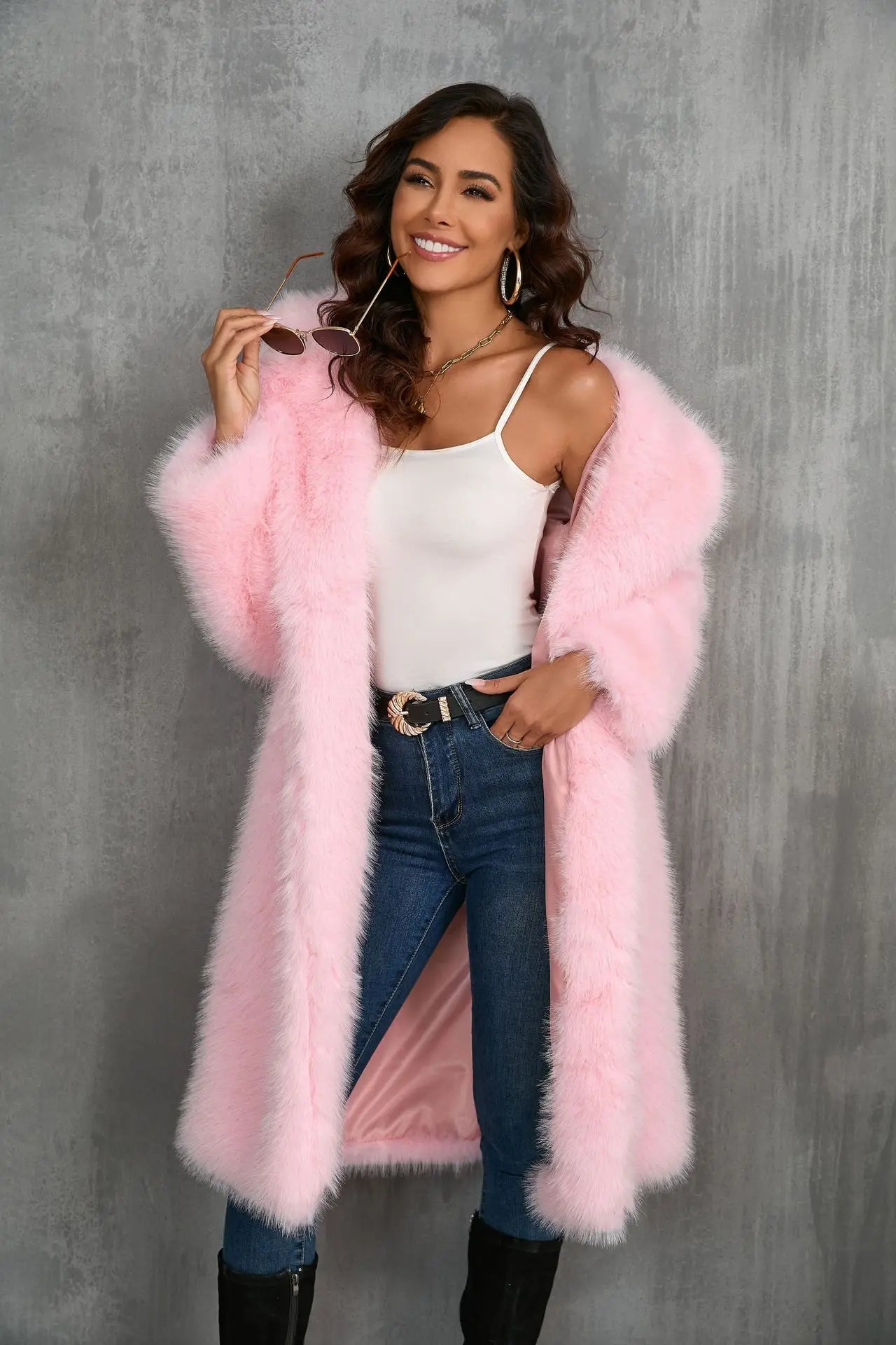 Plus Size Faux Fur Long Coat – Women’s Winter Thick Fluffy Jacket
