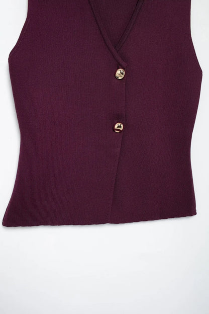 Wine Red Knitted Vest & High Waist Long Skirt – TRAFZA 2025 Women’s Set