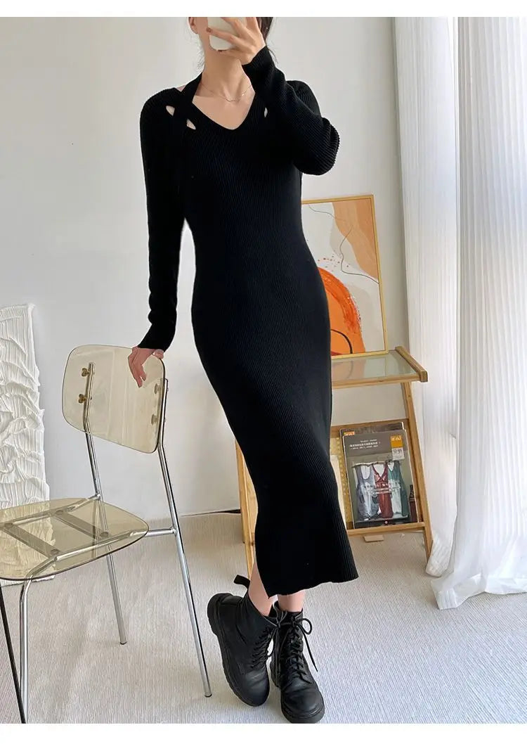 Street Style Winter Dress – Women’s Slim Halter Knit Long Skirt