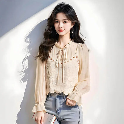 Elegant Sheer Top – French Style Long Sleeve Chiffon with Lace Strap