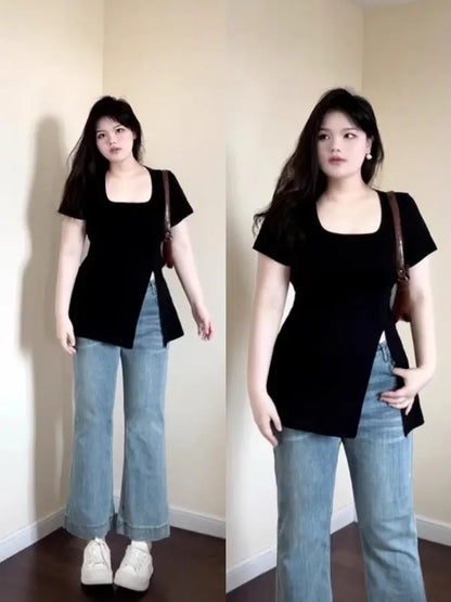 Women’s Summer Outfit – Slim Fit T-Shirt with Square Neck Design
