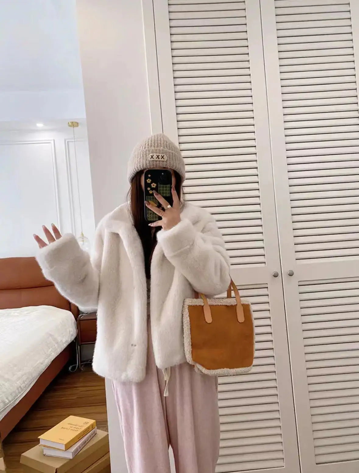Golden Mink Lined Faux Fur Coat – Short Stand Collar Winter Jacket