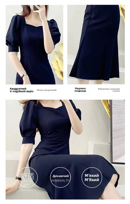 Fashionable Summer Dress – Slim Fit Square Collar Bubble Sleeve
