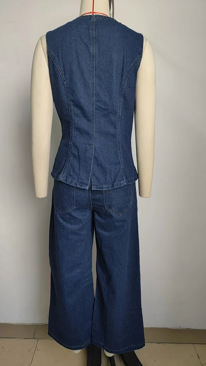 Trendy Two-Piece Set – Sleeveless Darted Vest with Wide-Leg Trousers