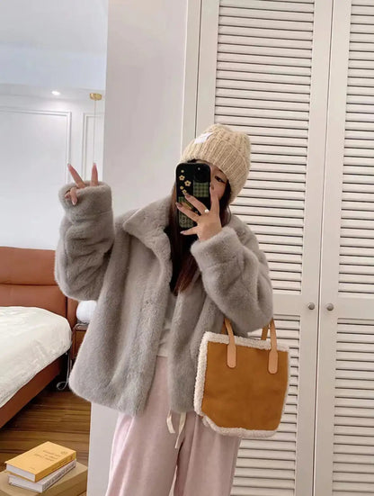 Golden Mink Lined Faux Fur Coat – Short Stand Collar Winter Jacket