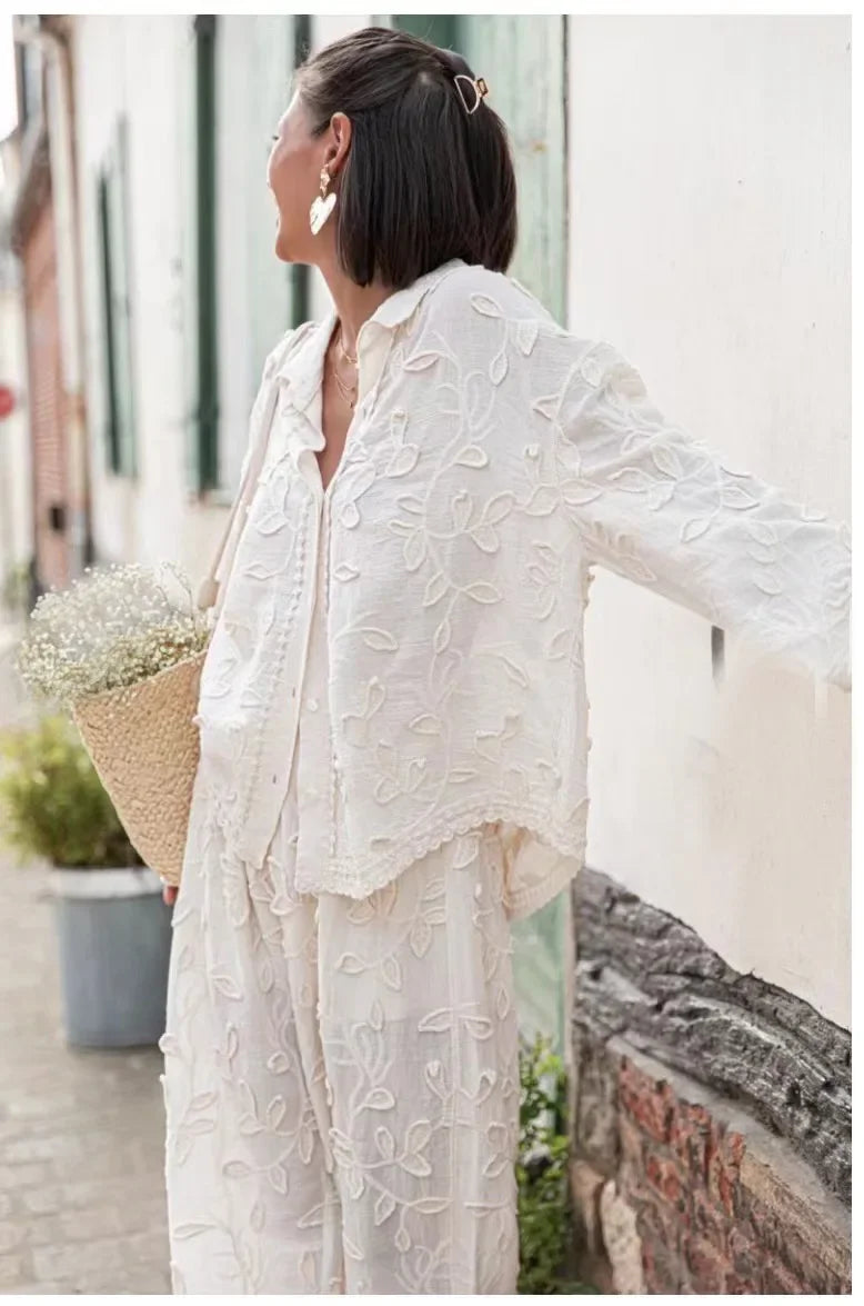 Women’s 2-Piece Suit – Elegant Long Sleeve Shirt & Wide Leg Pants