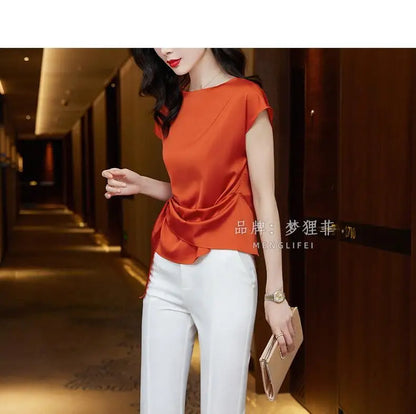 Chic Summer Top – Women’s Short Sleeve Satin Chiffon Blouse