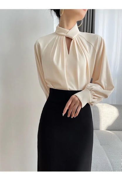 Fashion Spring Blouse – Hollow Puff Sleeve Solid Color Women’s Top
