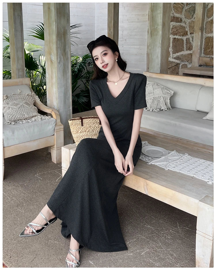 Casual Summer Dress – V-Neck Slim Waist Flared Skirt for Women