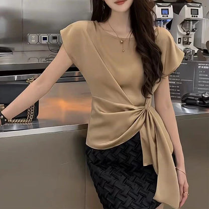 Trendy & Stylish – Lace-Up Solid Slim Blouse for Office