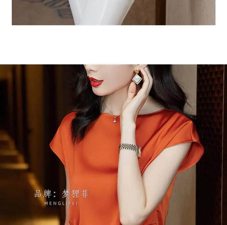 Chic Summer Top – Women’s Short Sleeve Satin Chiffon Blouse