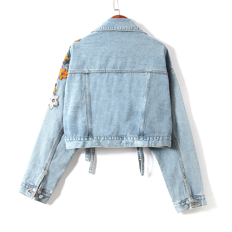 Floral Beaded Denim Jacket – Women’s Cowboy Cardigan Top with Ribbons