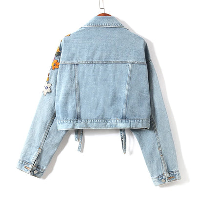 Floral Beaded Denim Jacket – Women’s Cowboy Cardigan Top with Ribbons