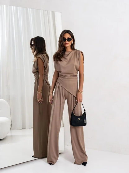 Women’s Solid Color Summer Set – Irregular Top + Wide Leg Pants