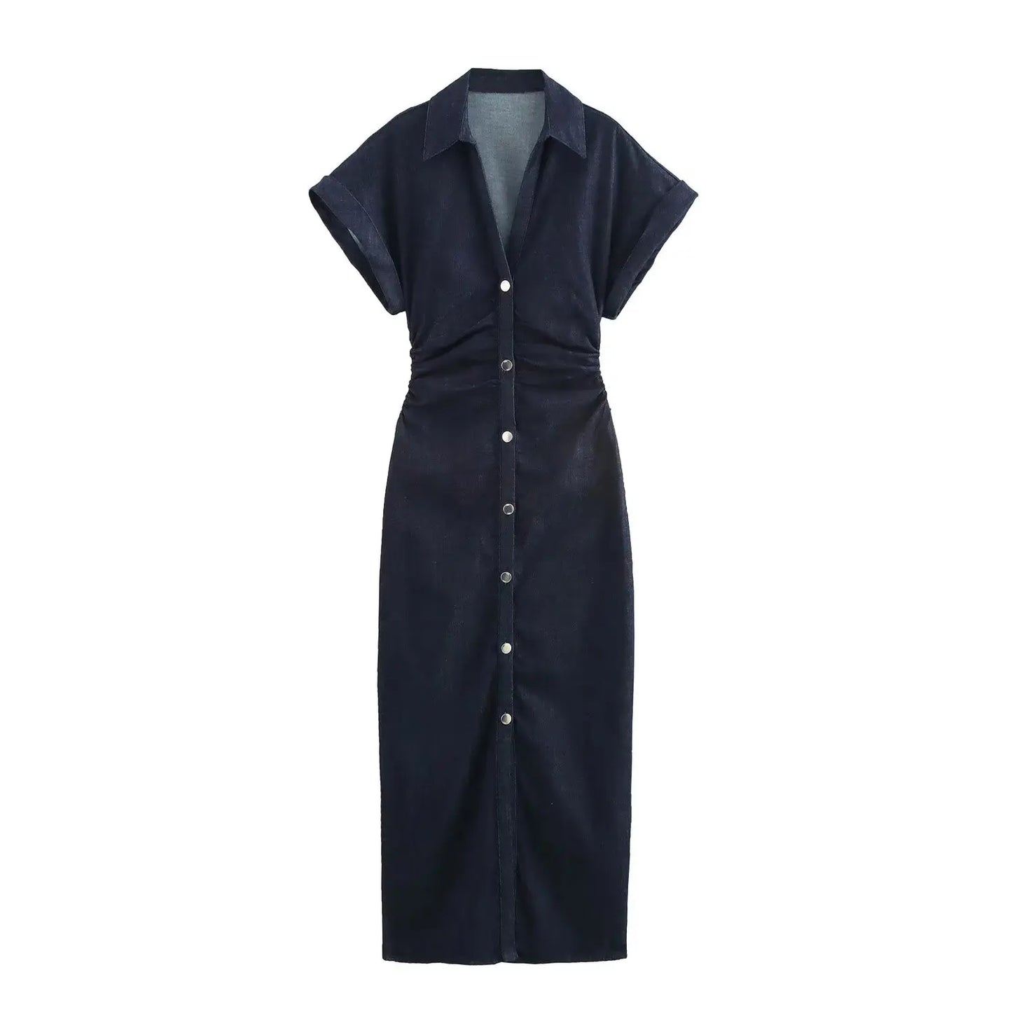 Fashionable Women’s Midi Dress – Lapel Denim Slim Waist Dress