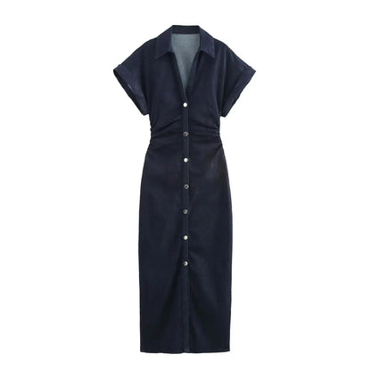 Fashionable Women’s Midi Dress – Lapel Denim Slim Waist Dress