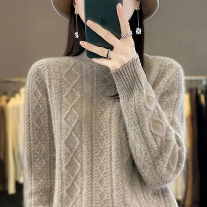 Korean Style Women’s Sweater – 100% Merino Wool Turtleneck Top