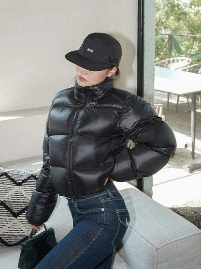 Elegant Solid Color Winter Jacket – Short Cozy Coat with Pockets