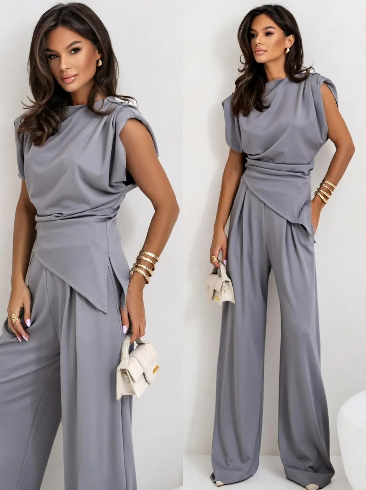 Women’s Solid Color Summer Set – Irregular Top + Wide Leg Pants