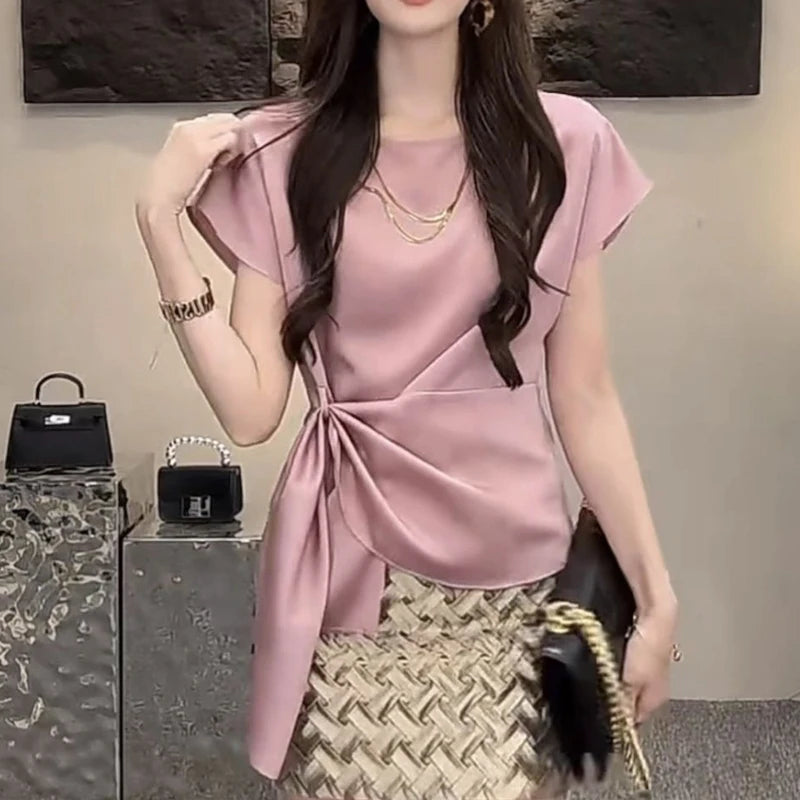 Trendy & Stylish – Lace-Up Solid Slim Blouse for Office