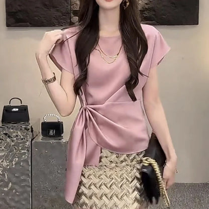 Trendy & Stylish – Lace-Up Solid Slim Blouse for Office
