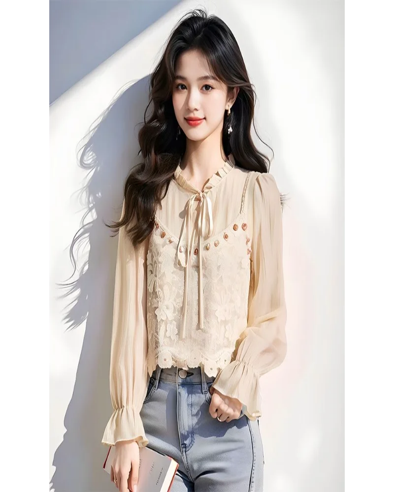 Elegant Sheer Top – French Style Long Sleeve Chiffon with Lace Strap