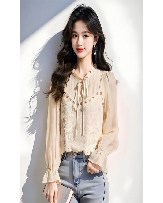 Elegant Sheer Top – French Style Long Sleeve Chiffon with Lace Strap