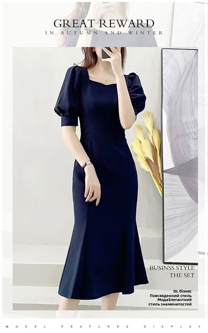Fashionable Summer Dress – Slim Fit Square Collar Bubble Sleeve