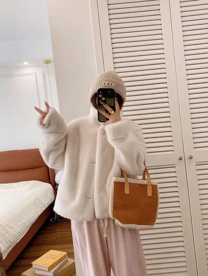 Golden Mink Lined Faux Fur Coat – Short Stand Collar Winter Jacket
