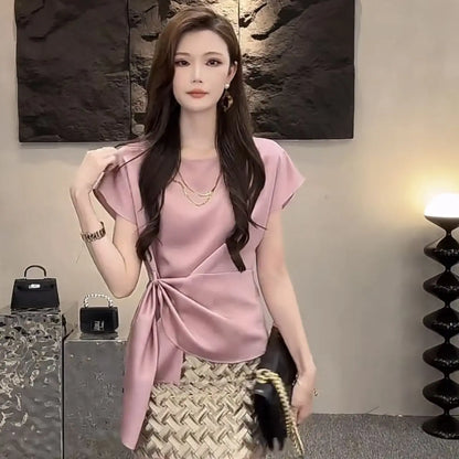Trendy & Stylish – Lace-Up Solid Slim Blouse for Office