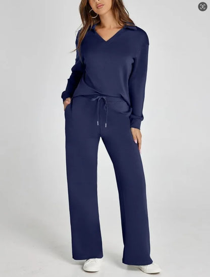 Spring Women’s Outfit – Loose V-Neck Top with Drawstring + Flared Trousers