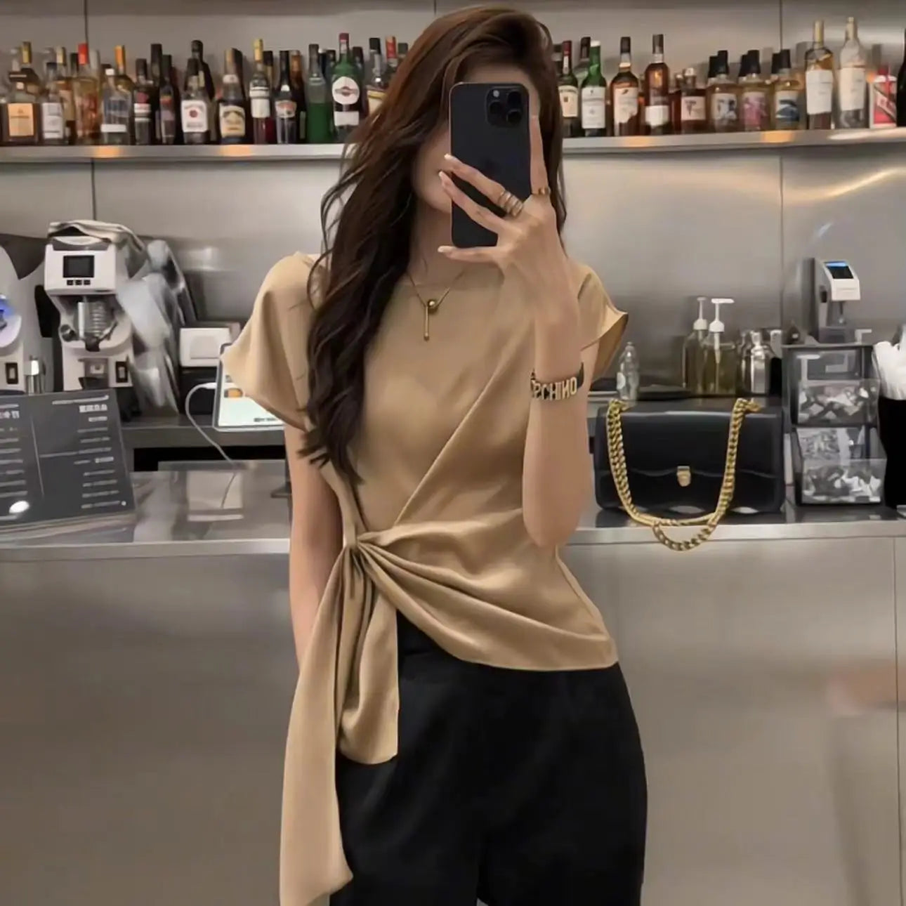 Trendy & Stylish – Lace-Up Solid Slim Blouse for Office